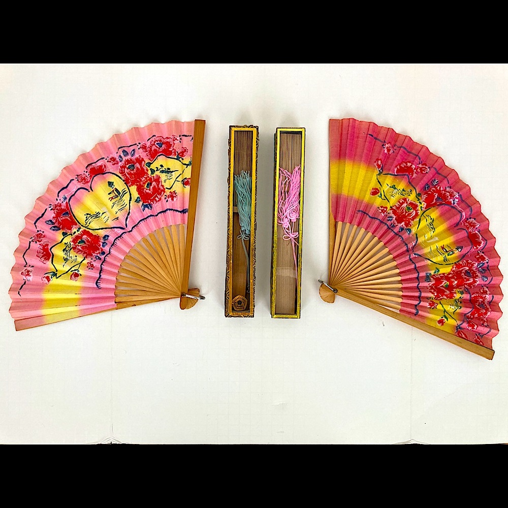 4 Vintage Asian Handheld Fans.